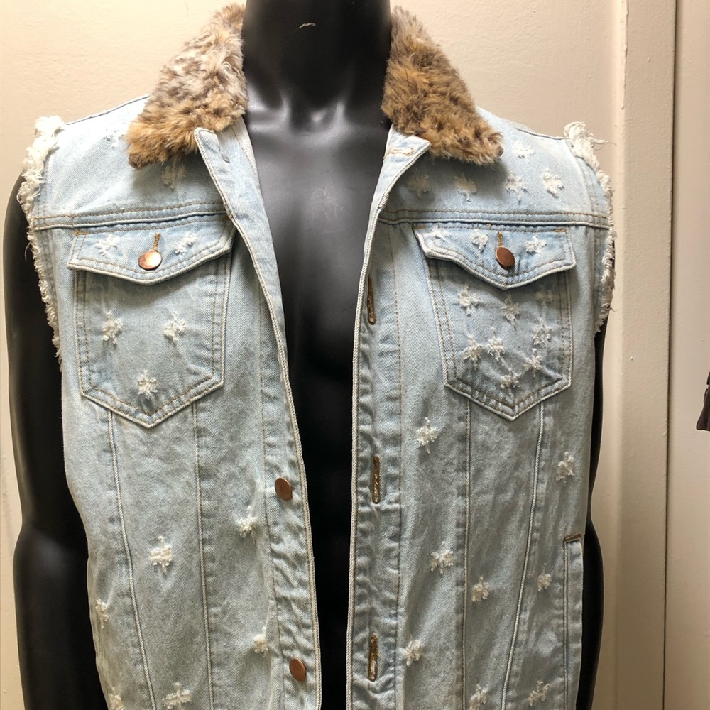 Denim Vest w/ Faux Fur Collar